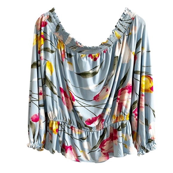 White House Black Market Tops - White House Black Market WHBM Blue Floral Tulip Off The Shoulder Peplum Blouse L